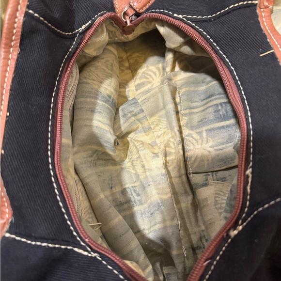 Carribean Joe Canvas & Leather Handbag Black with Tan Accents & Bottom 5 Pockets - Picture 7 of 10